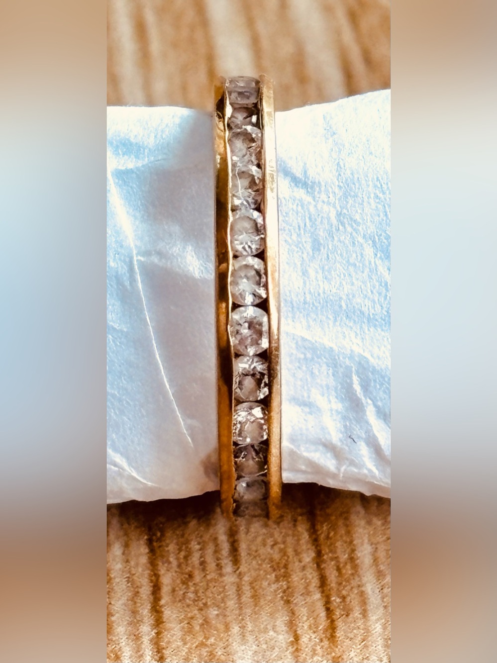 Vintage Channel Set Clear Spinel Gemstone and Hammered Gold Eternity Band